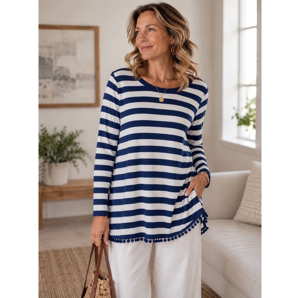 Soft Surroundings Vista Navy Striped Pom Pom Sweater XL Nautical Coastal Preppy